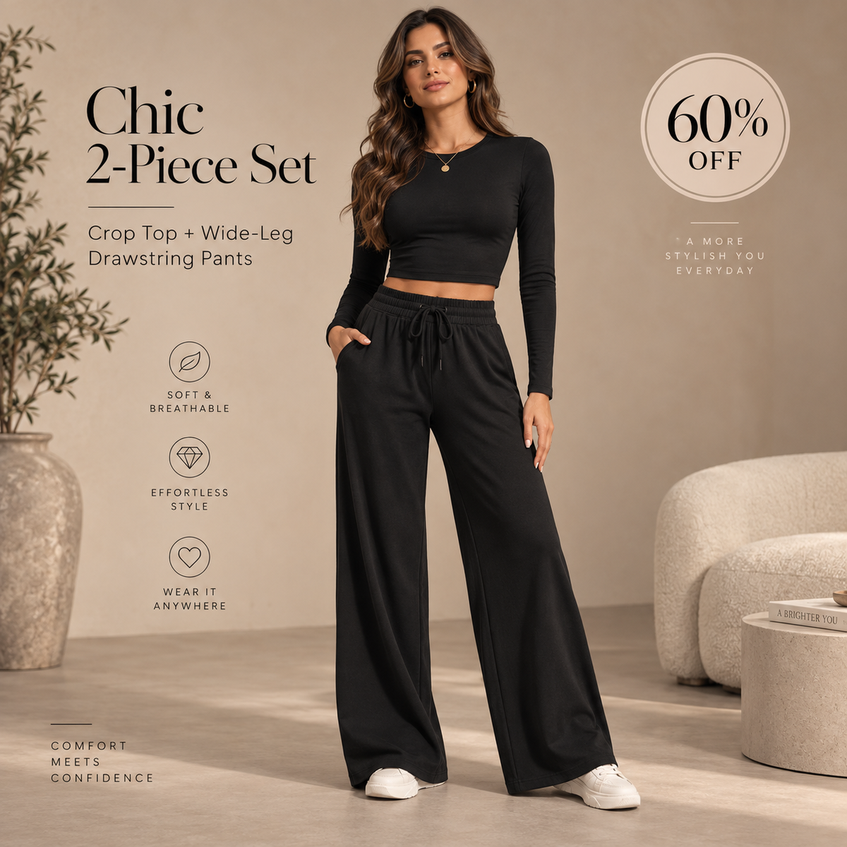 📢📢 49% rabatt🔥 | Chique crop top og vide bukser med snøring for kvinner-10