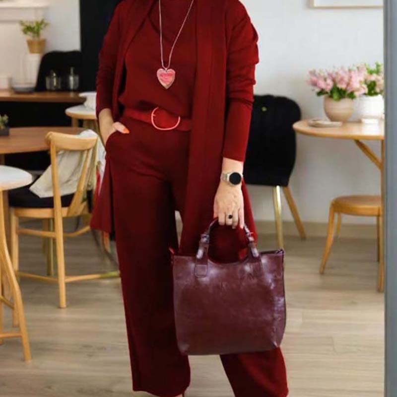 ⏳Tidsbegrenset spesialtilbud⏰Elegant 3-delt sett med lang cardigan, topp og bukse💞-11