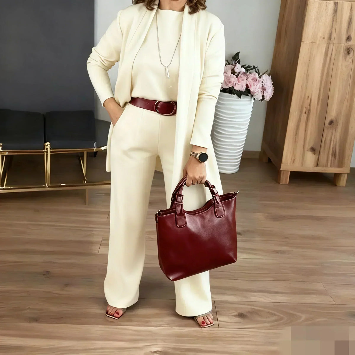 ⏳Tidsbegrenset spesialtilbud⏰Elegant 3-delt sett med lang cardigan, topp og bukse💞-19