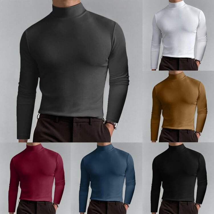 🔥Langermet T-skjorte med høy hals og slim fit for menn-9