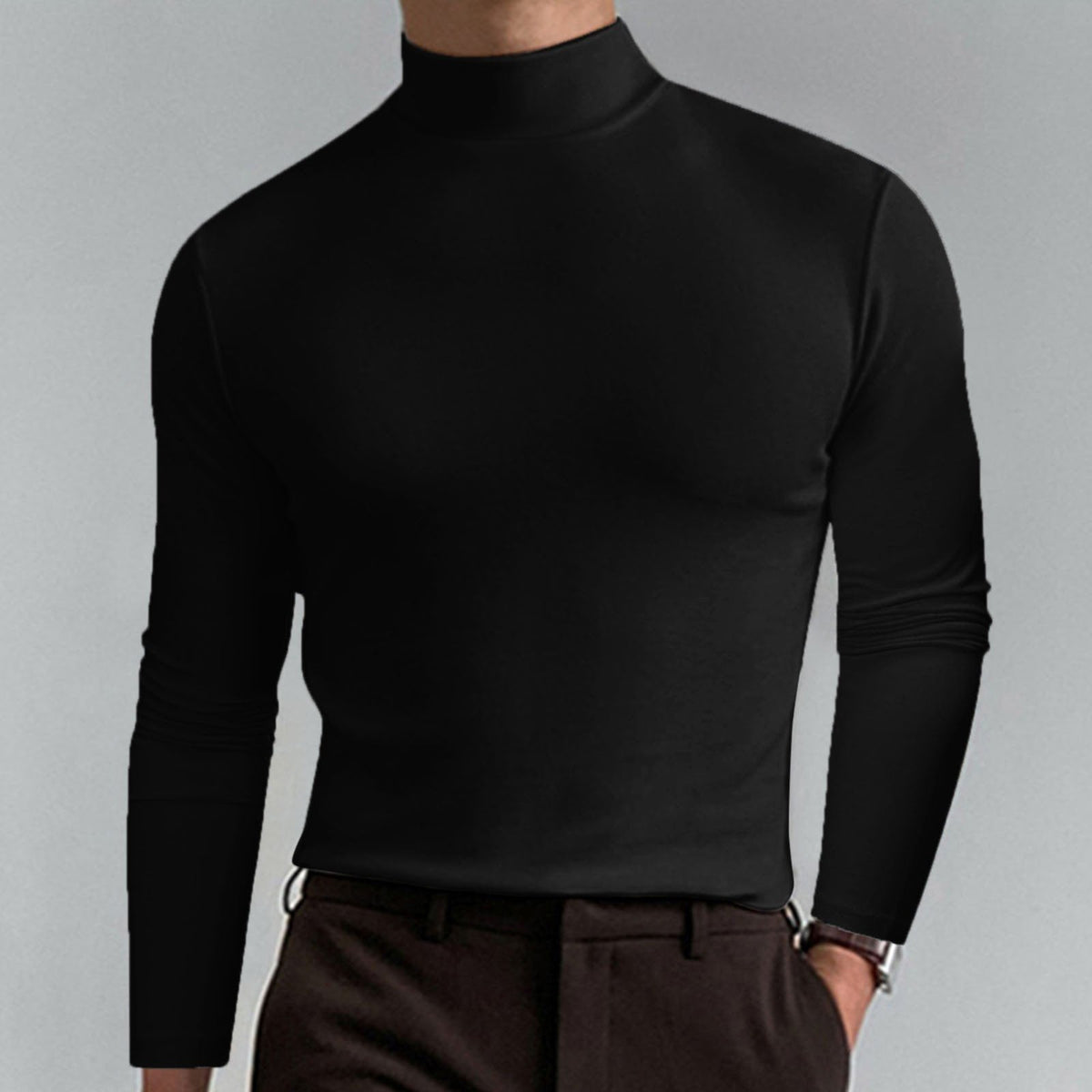 🔥Langermet T-skjorte med høy hals og slim fit for menn-11