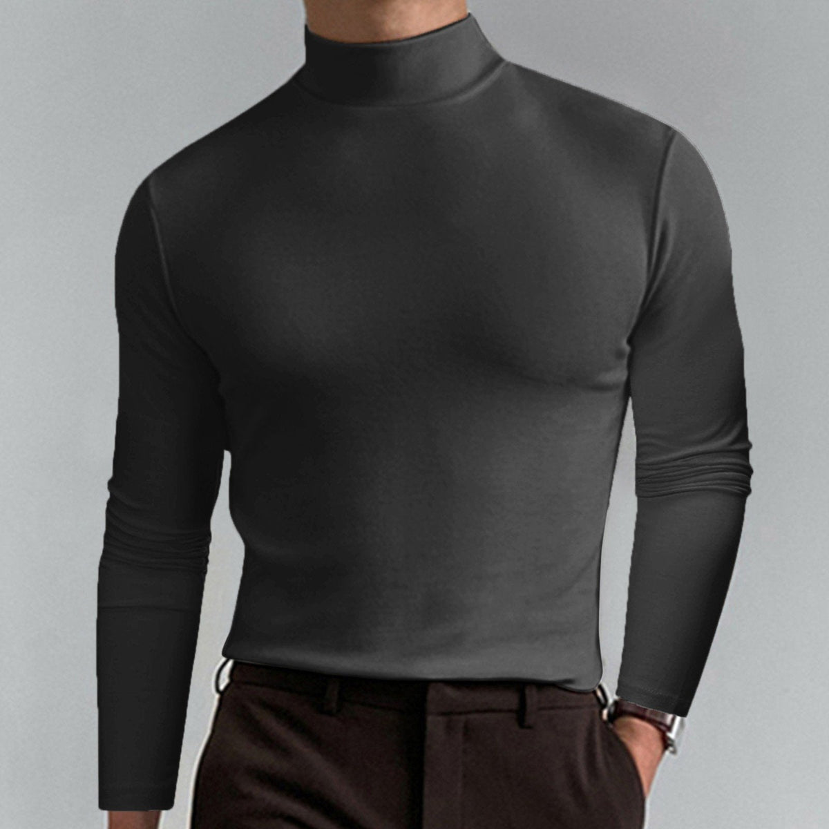 🔥Langermet T-skjorte med høy hals og slim fit for menn-12