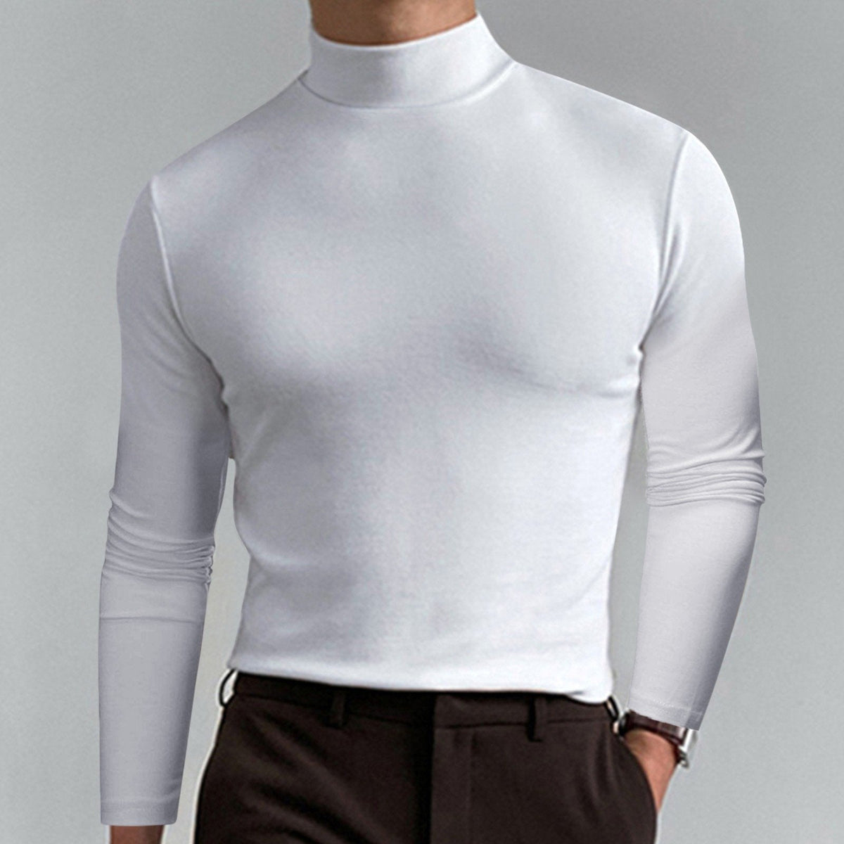🔥Langermet T-skjorte med høy hals og slim fit for menn-10