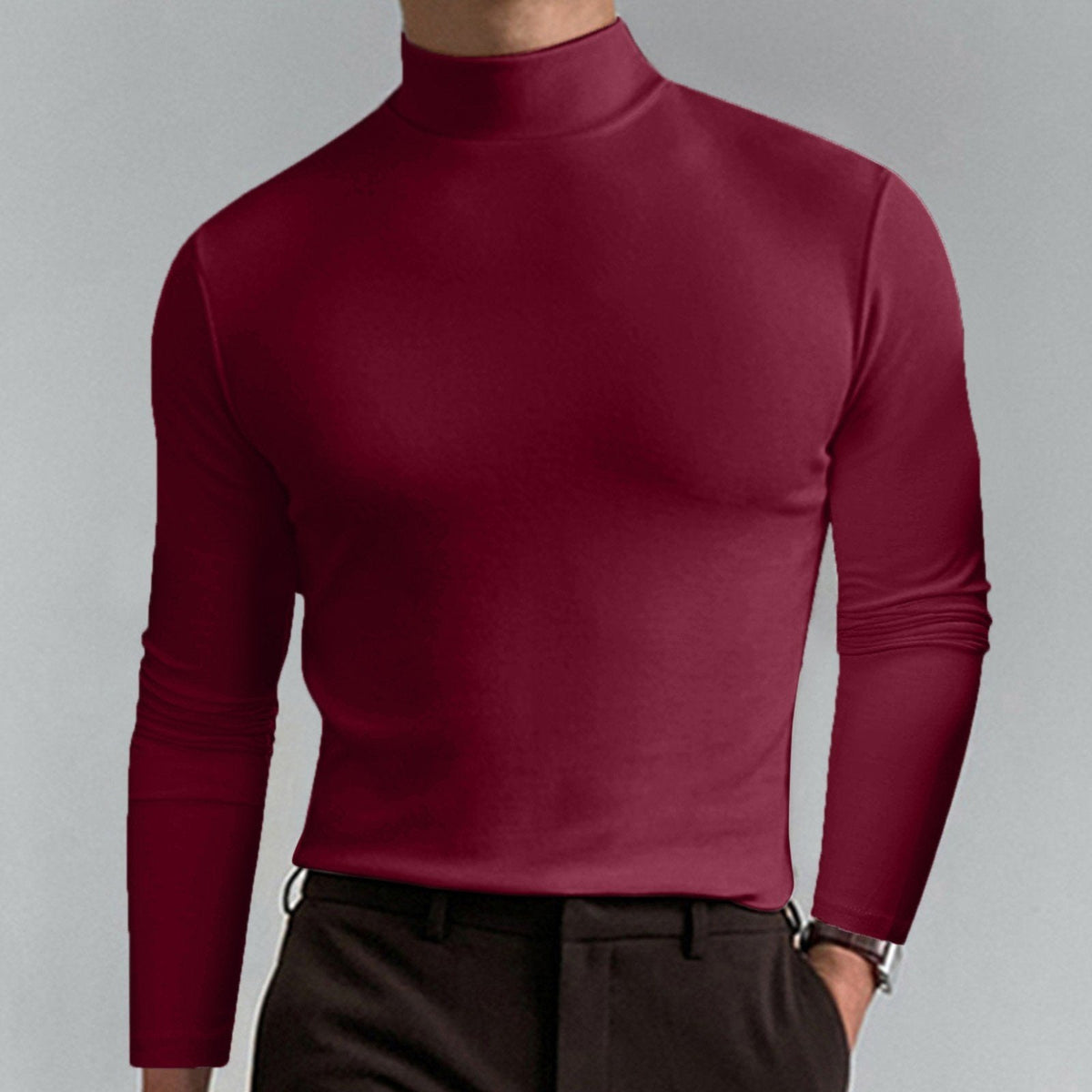 🔥Langermet T-skjorte med høy hals og slim fit for menn-14