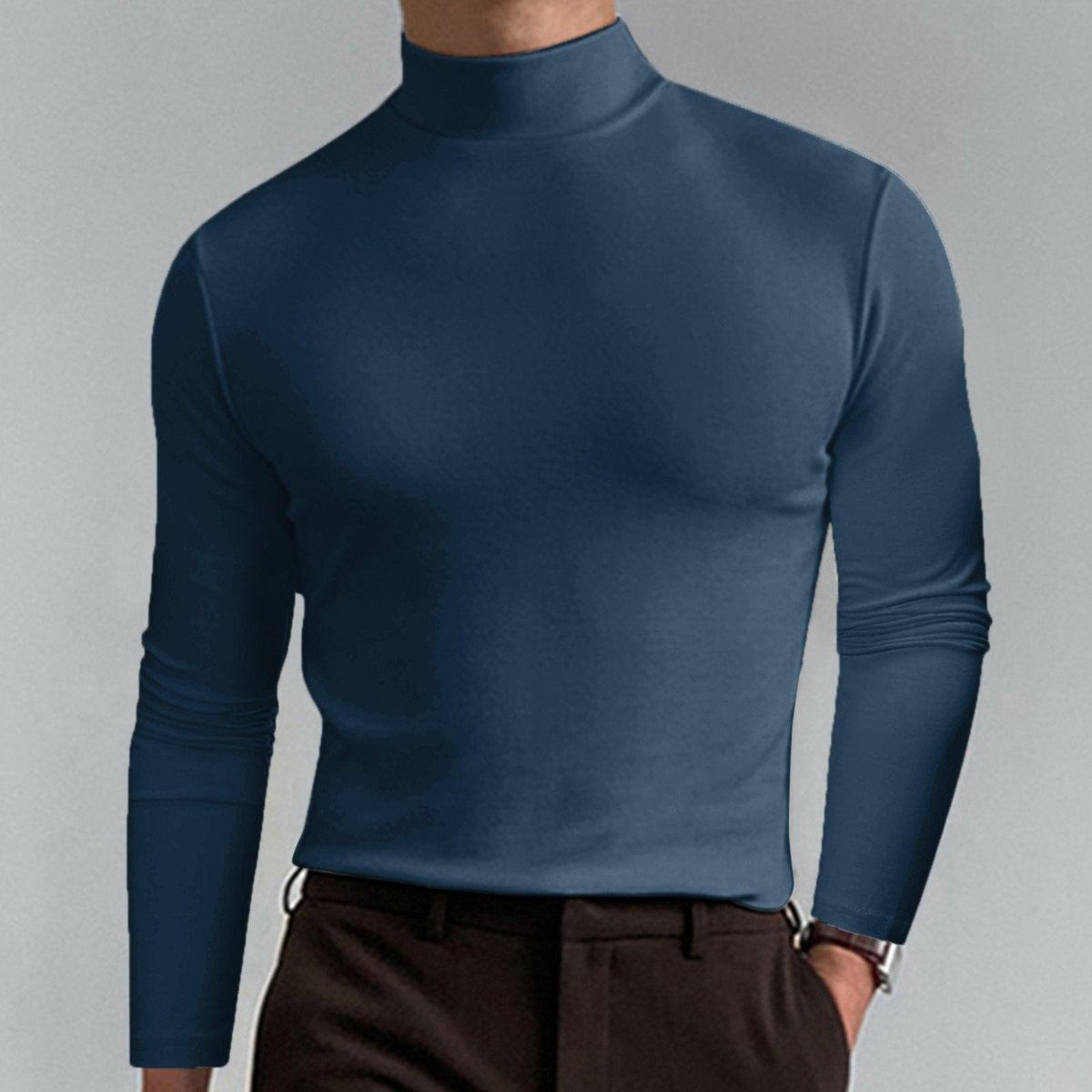 🔥Langermet T-skjorte med høy hals og slim fit for menn-13