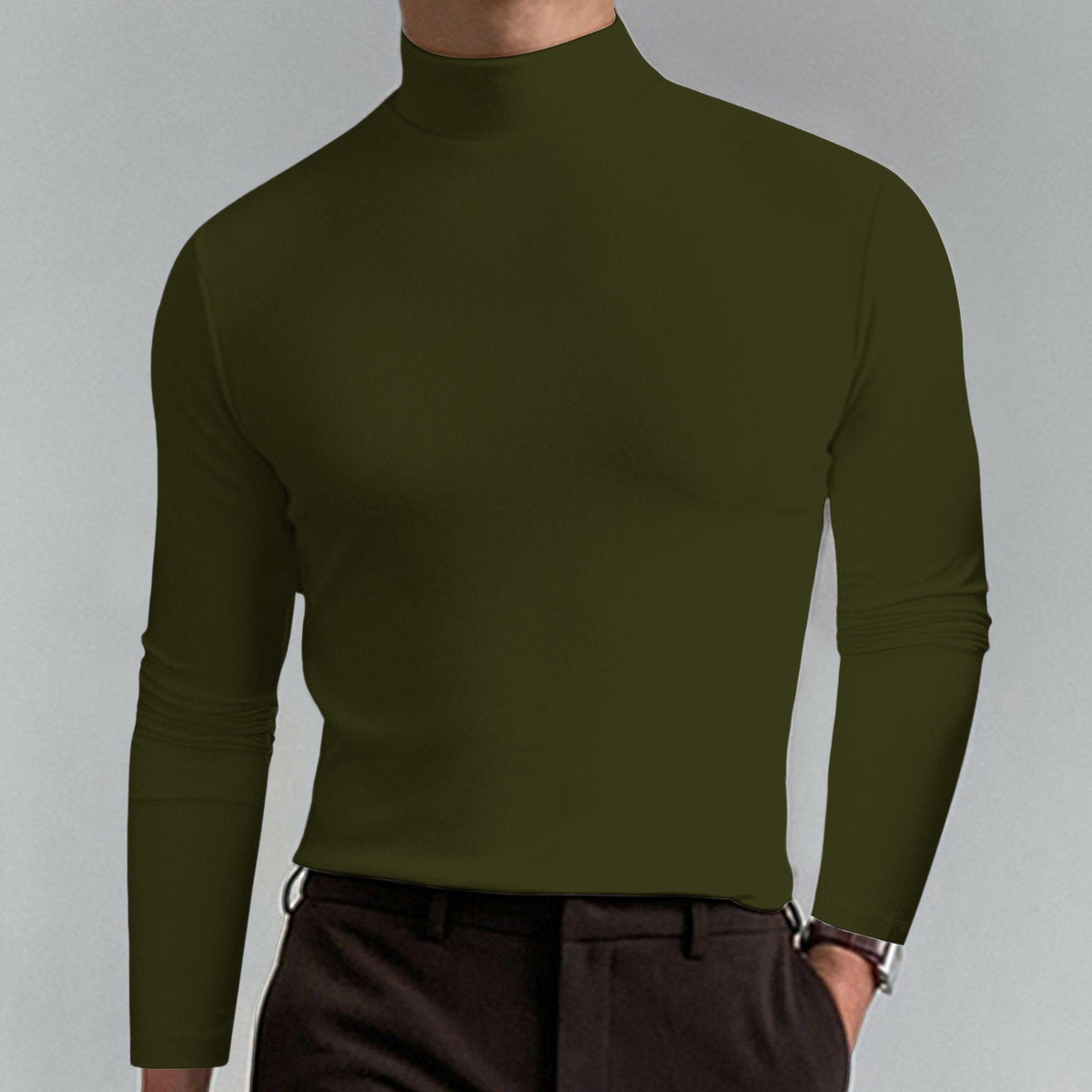 🔥Langermet T-skjorte med høy hals og slim fit for menn-15