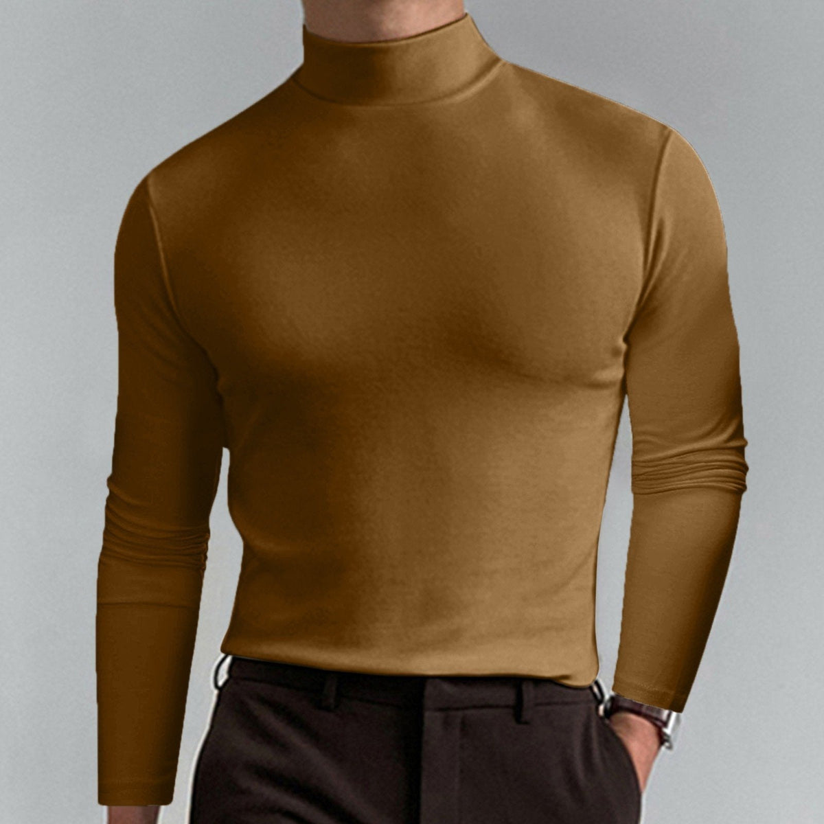 🔥Langermet T-skjorte med høy hals og slim fit for menn-16