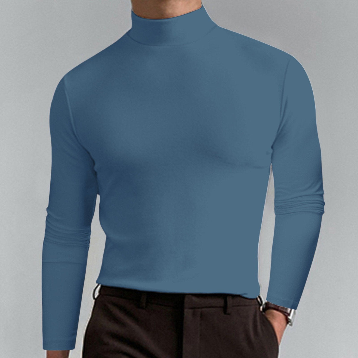 🔥Langermet T-skjorte med høy hals og slim fit for menn-18