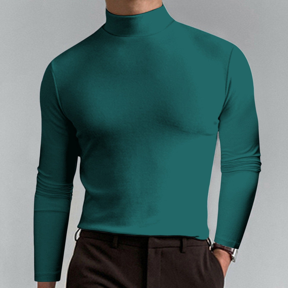 🔥Langermet T-skjorte med høy hals og slim fit for menn-17