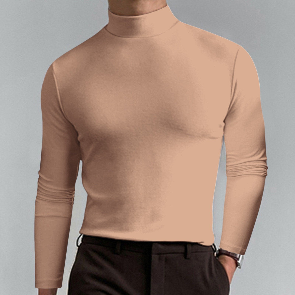 🔥Langermet T-skjorte med høy hals og slim fit for menn-19