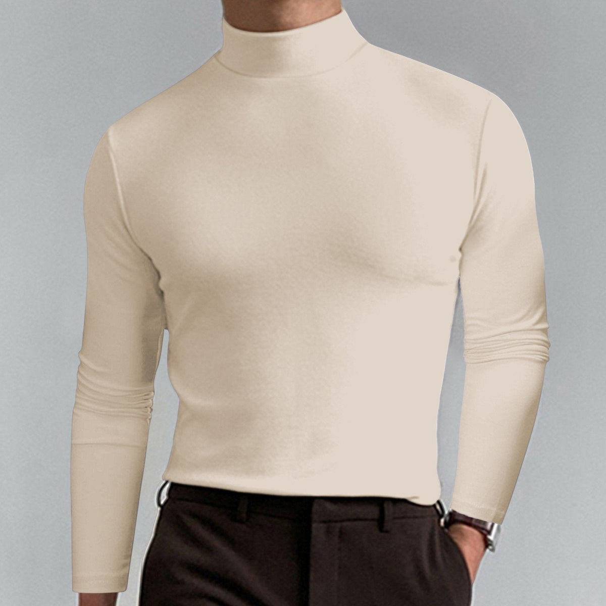 🔥Langermet T-skjorte med høy hals og slim fit for menn-21
