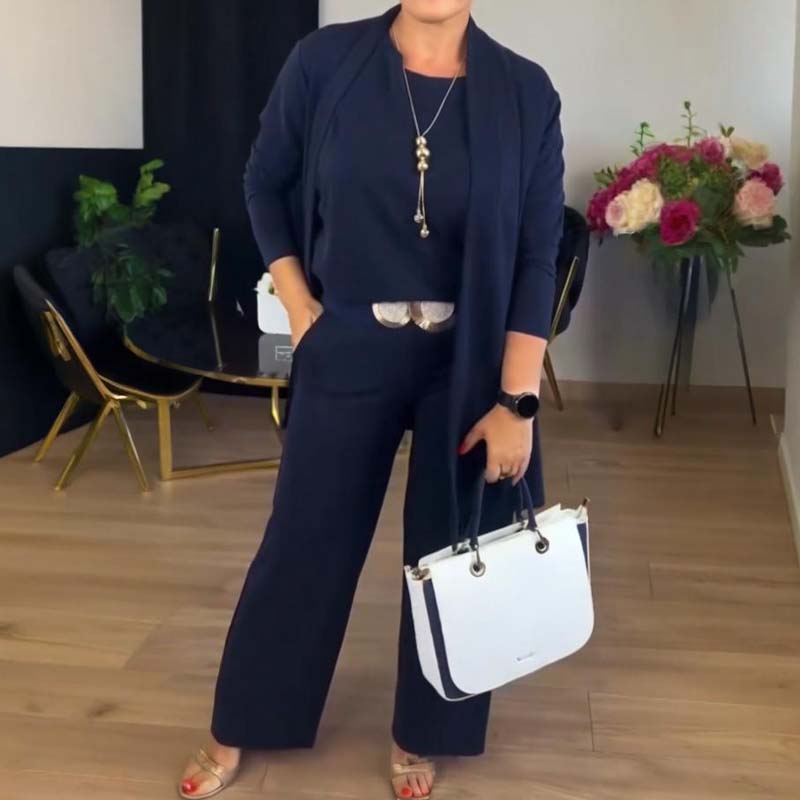 ⏳Tidsbegrenset spesialtilbud⏰Elegant 3-delt sett med lang cardigan, topp og bukse💞-8