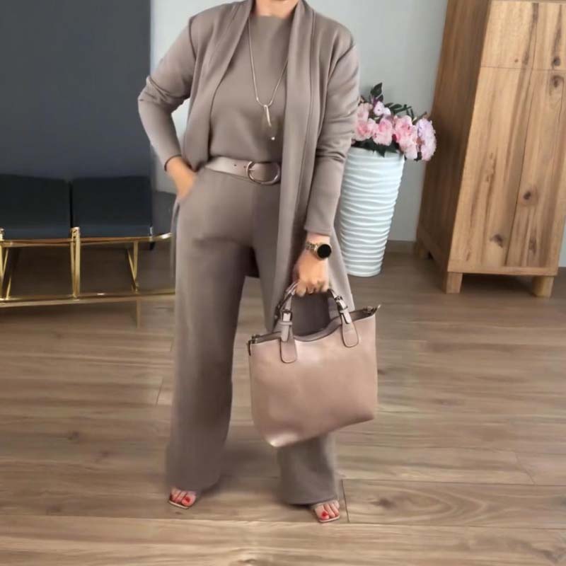 ⏳Tidsbegrenset spesialtilbud⏰Elegant 3-delt sett med lang cardigan, topp og bukse💞-9