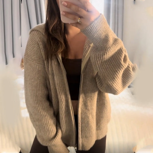 女性用ジップアップフード付きニットカーディガン