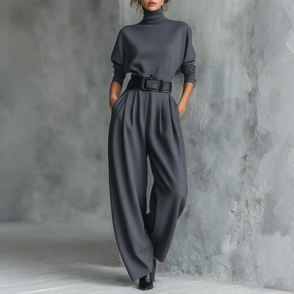 Elegant turtleneck-top og høyt liv-bukse til kvinner – Med gratis belte ✨👚👖