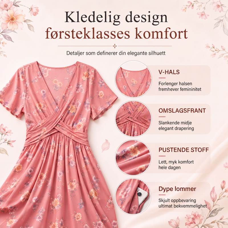 👗 Damekjole med V-utringning, blomstermønster og vridd midje-1