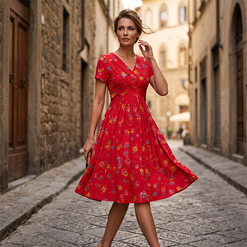 👗 Damekjole med V-utringning, blomstermønster og vridd midje-6