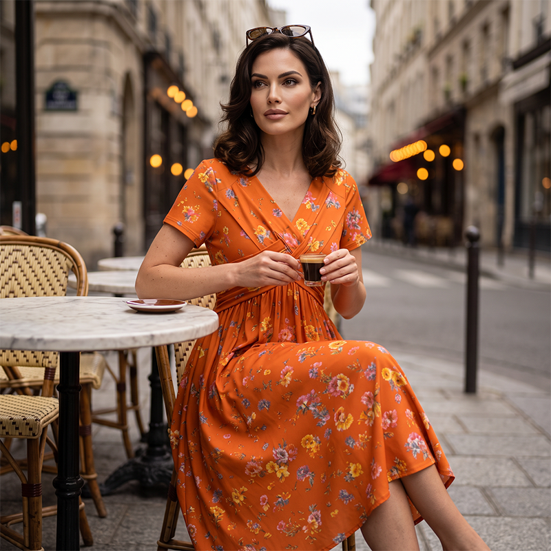 👗 Damekjole med V-utringning, blomstermønster og vridd midje-8