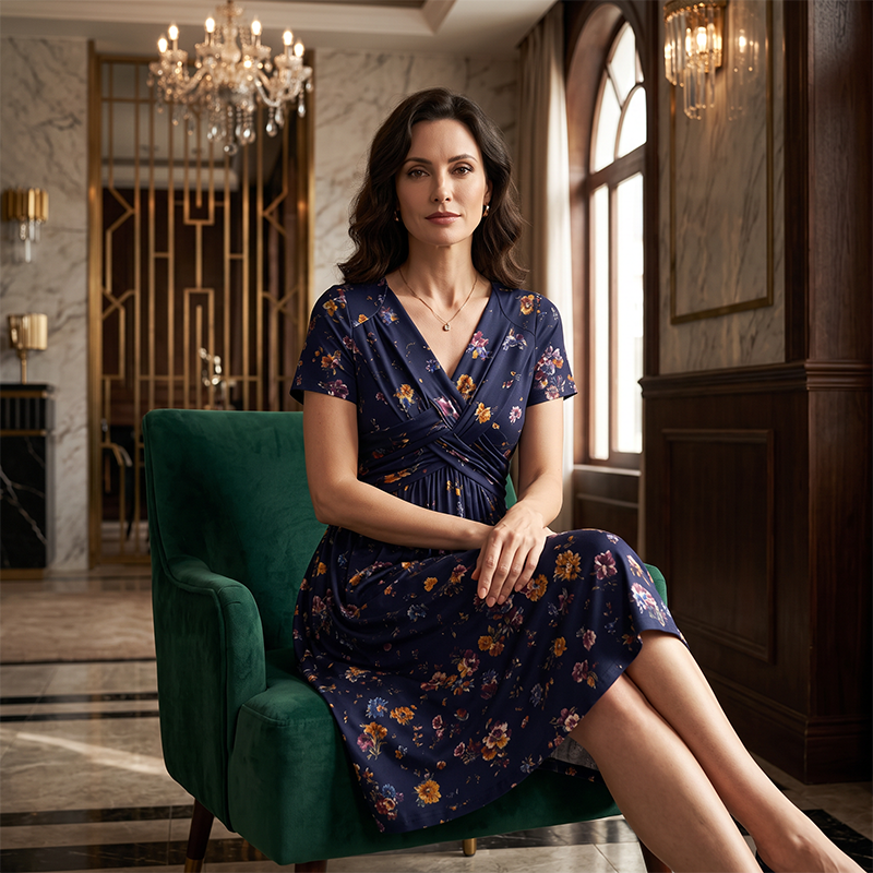 👗 Damekjole med V-utringning, blomstermønster og vridd midje-7