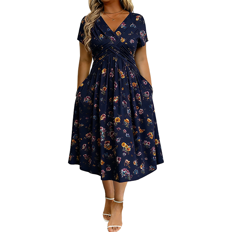 👗 Damekjole med V-utringning, blomstermønster og vridd midje-13
