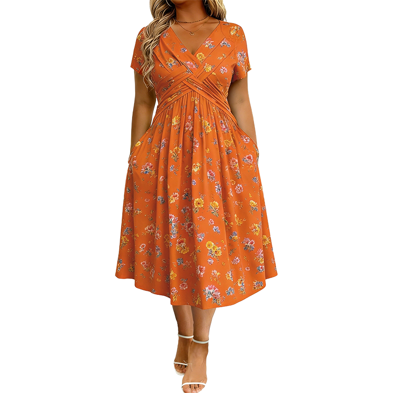👗 Damekjole med V-utringning, blomstermønster og vridd midje-10