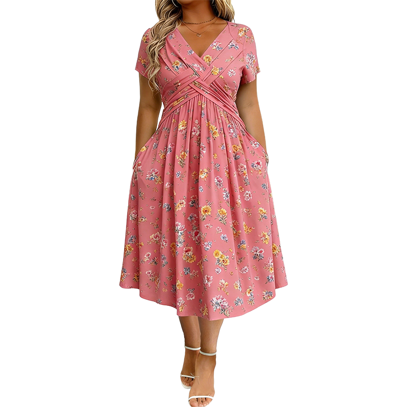 👗 Damekjole med V-utringning, blomstermønster og vridd midje-11