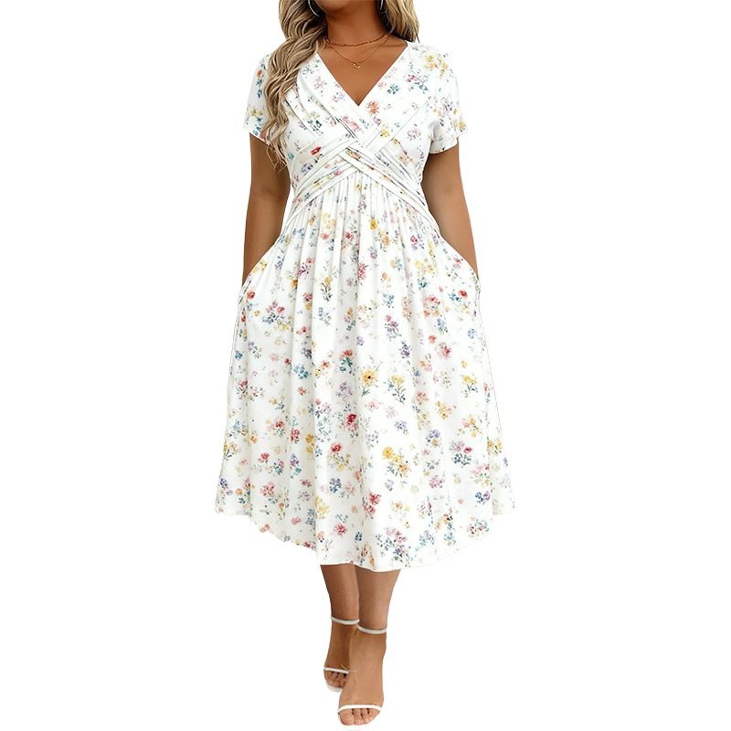 👗 Damekjole med V-utringning, blomstermønster og vridd midje-14