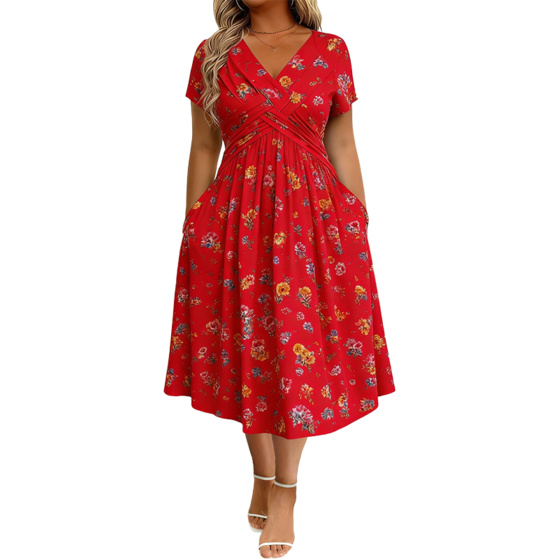 👗 Damekjole med V-utringning, blomstermønster og vridd midje-15