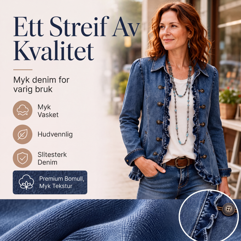 Dobbeltradet denimjakke med volanger for kvinner-4