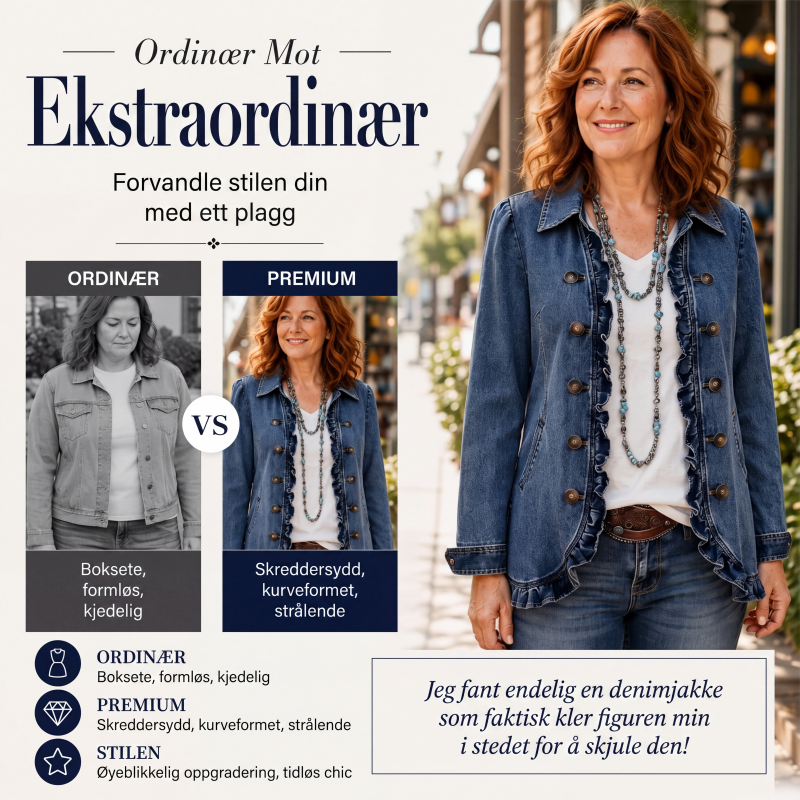 Dobbeltradet denimjakke med volanger for kvinner-3