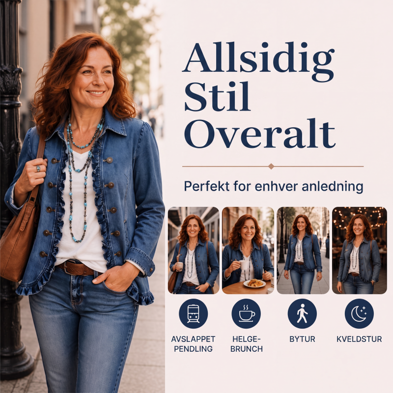Dobbeltradet denimjakke med volanger for kvinner-5