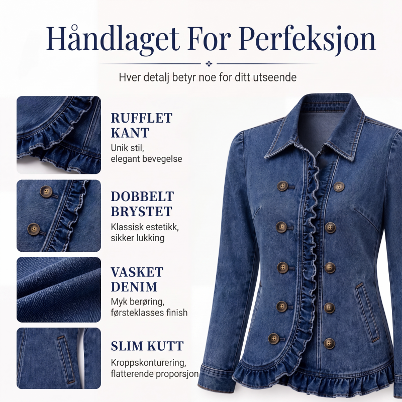 Dobbeltradet denimjakke med volanger for kvinner-1