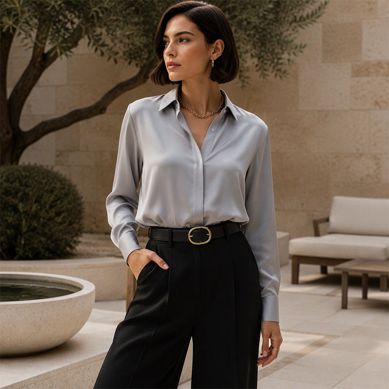Dame allsidig silkeaktig sateng langermet skjorte-8