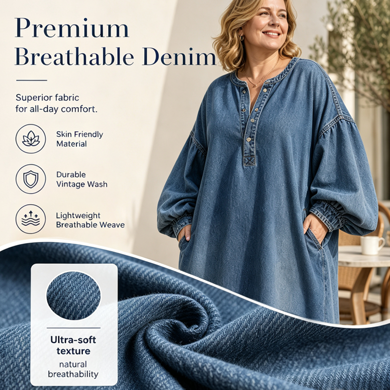 🛒 Handlevogn til halv pris! Maxikjole i denim med lange lantern-ermer for kvinner-2