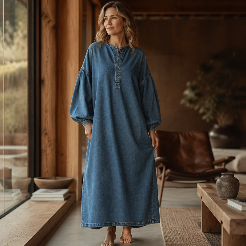 🛒 Handlevogn til halv pris! Maxikjole i denim med lange lantern-ermer for kvinner-6
