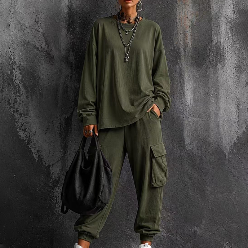 Sett med casual topp med rund hals og cargobukser for damer-9