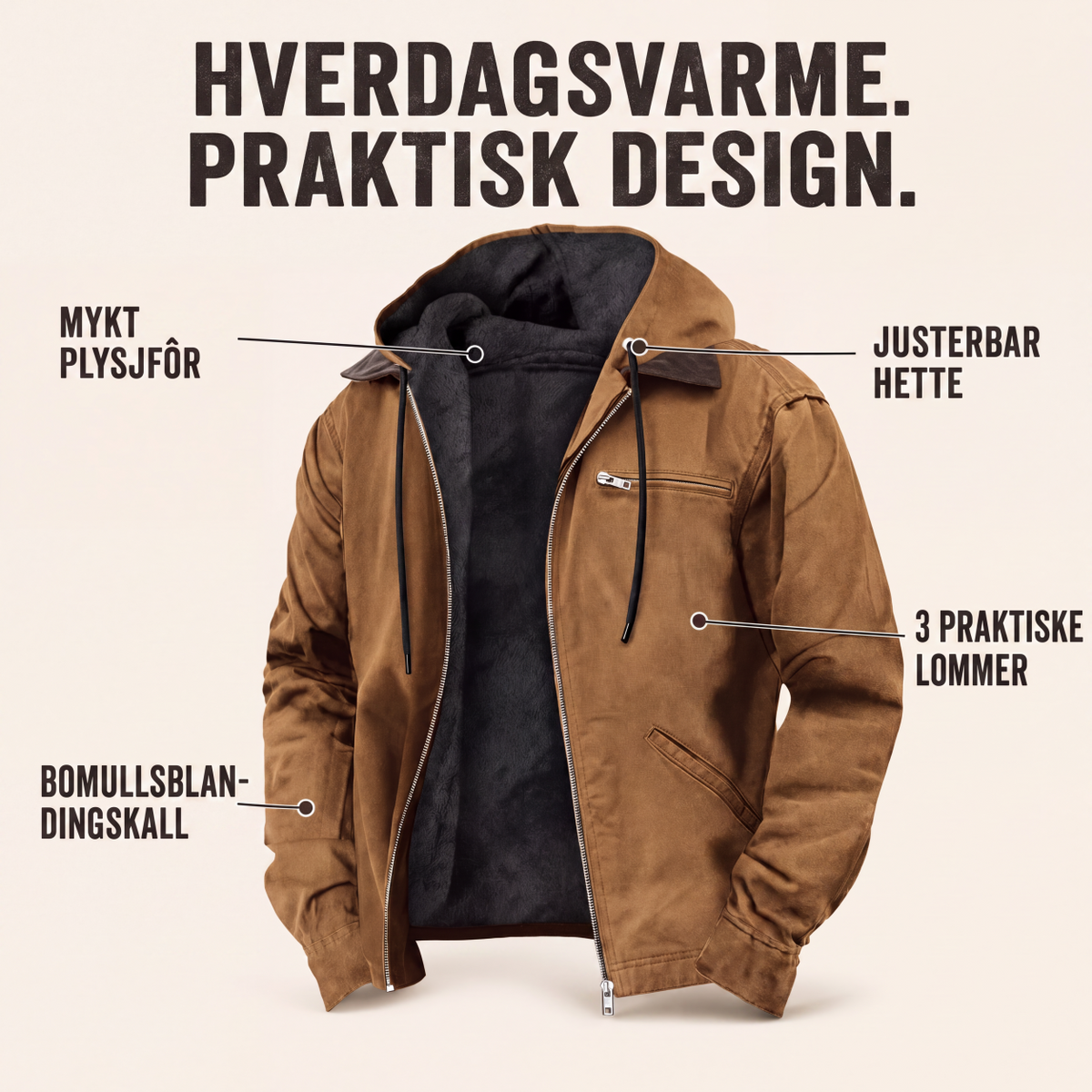 Arbeidsjakke med hette og plysjfôr for menn-1