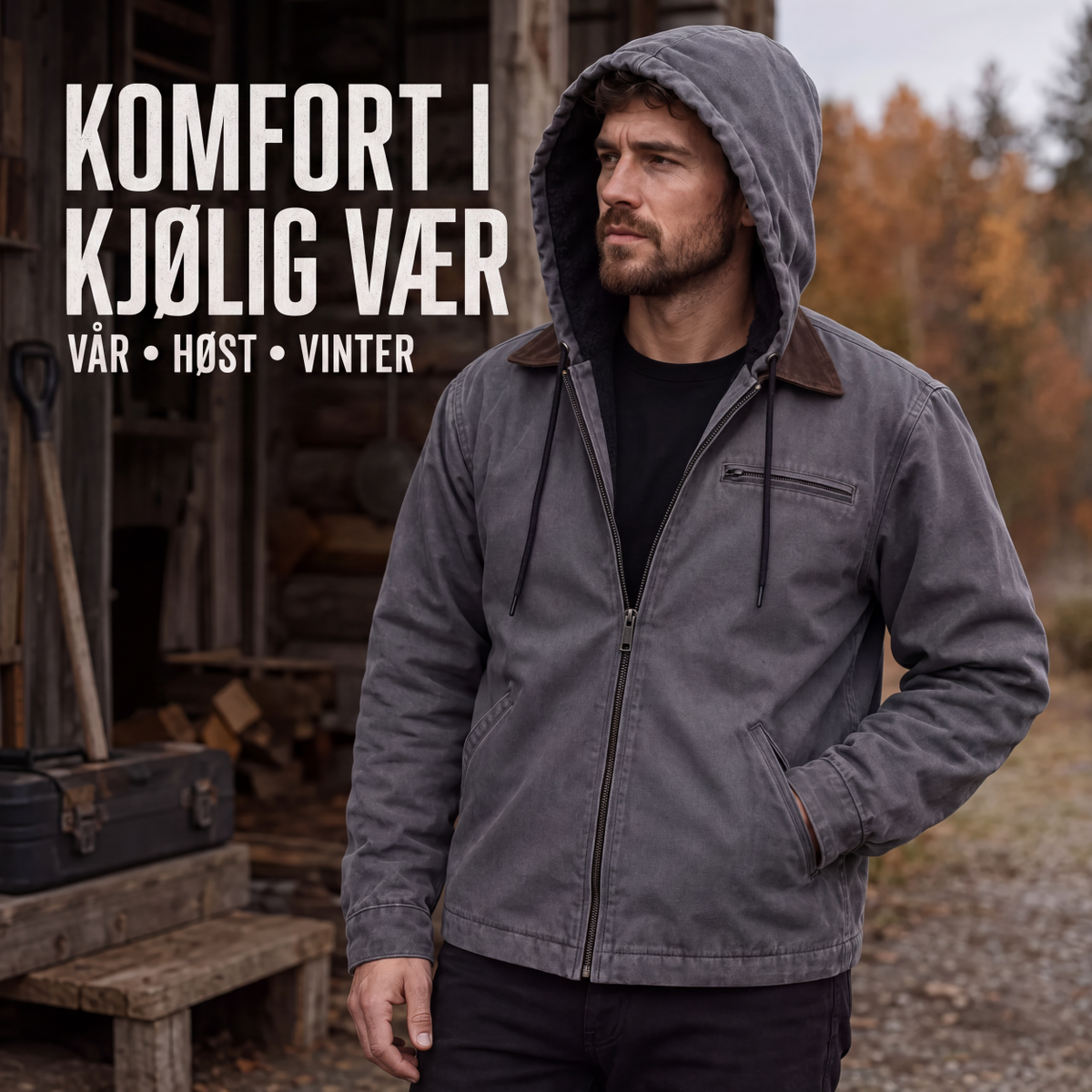 Arbeidsjakke med hette og plysjfôr for menn-2