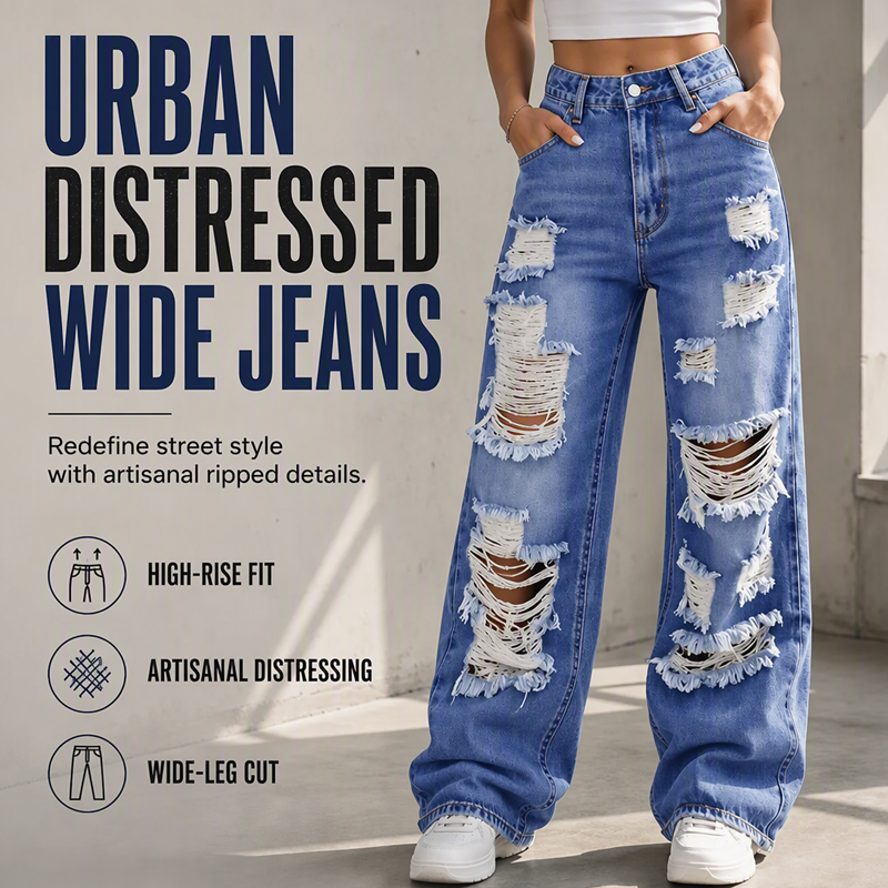 ✨Uanstrengt hverdagsstil | Jeans for kvinner med slitt utseende, høy midje og vide ben-2