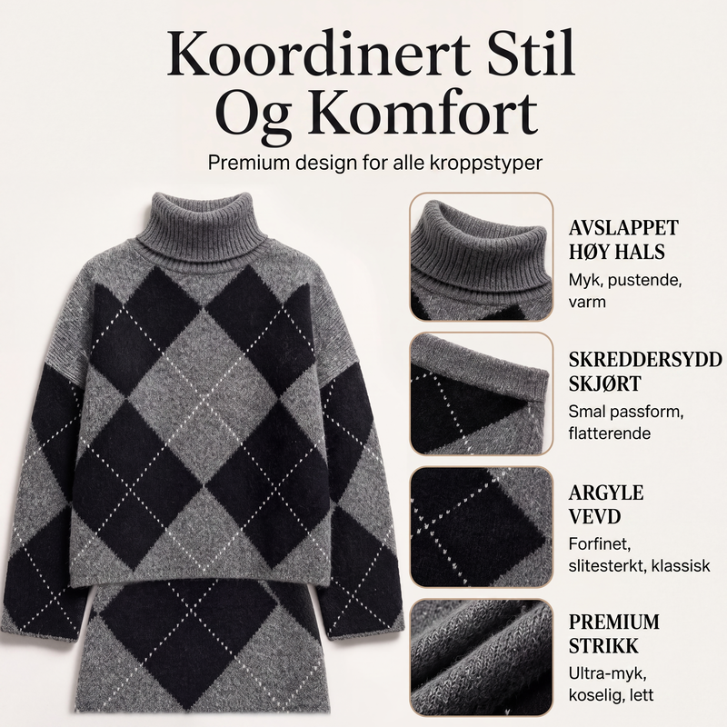 Dame rutemønstret strikkegenser og skjørt-sett-1