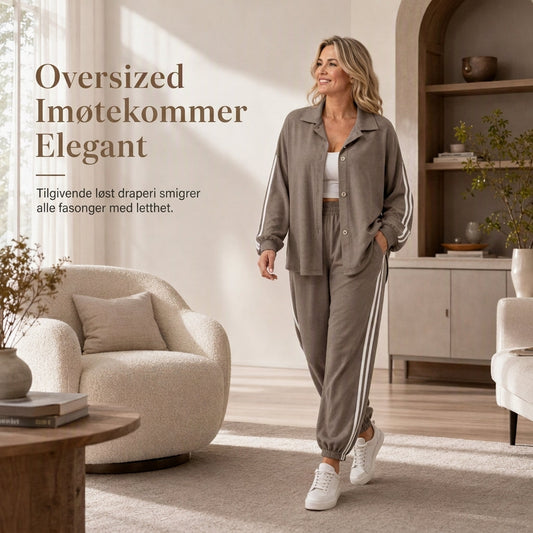 Avslappet todelt loungesett for kvinner med overdimensjonert skjorte med knapper og joggebukser med sidestriper