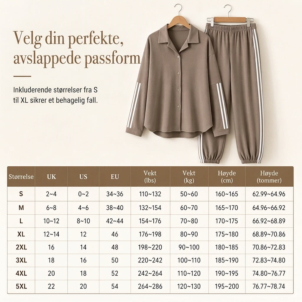 Avslappet todelt loungesett for kvinner med overdimensjonert skjorte med knapper og joggebukser med sidestriper-6