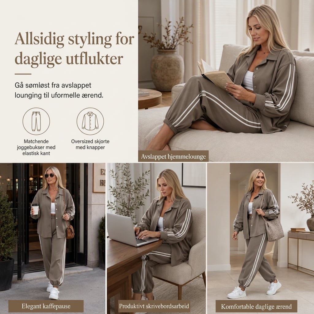 Avslappet todelt loungesett for kvinner med overdimensjonert skjorte med knapper og joggebukser med sidestriper-5