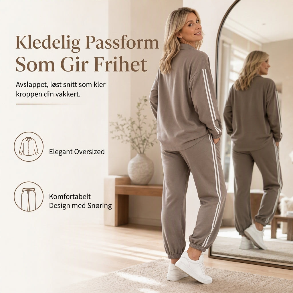 Avslappet todelt loungesett for kvinner med overdimensjonert skjorte med knapper og joggebukser med sidestriper-4