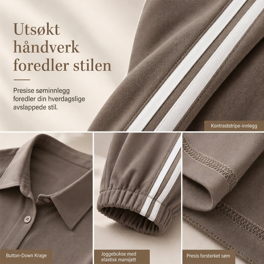 Avslappet todelt loungesett for kvinner med overdimensjonert skjorte med knapper og joggebukser med sidestriper-3