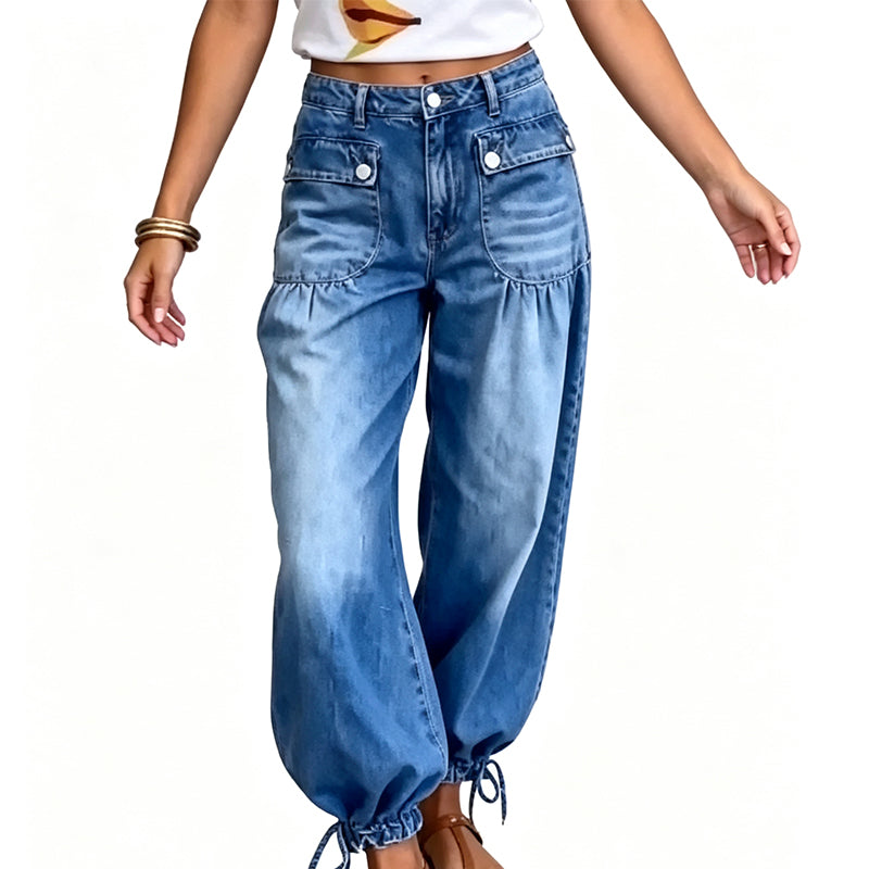 Jeans med høy midje for kvinner, ballongsnitt med snøring i beinenden-1