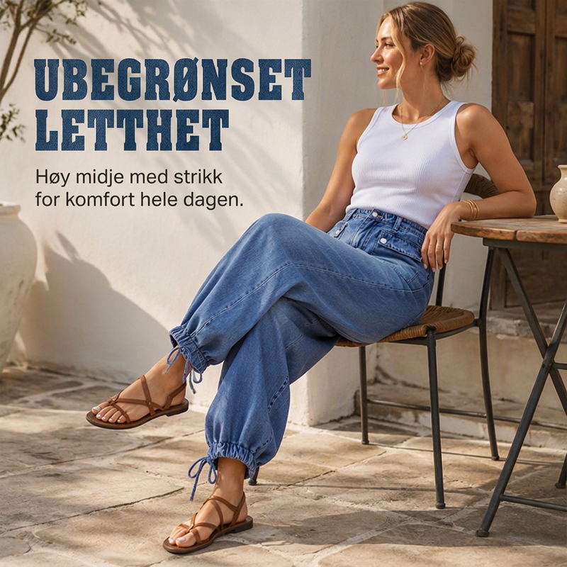 Jeans med høy midje for kvinner, ballongsnitt med snøring i beinenden-4