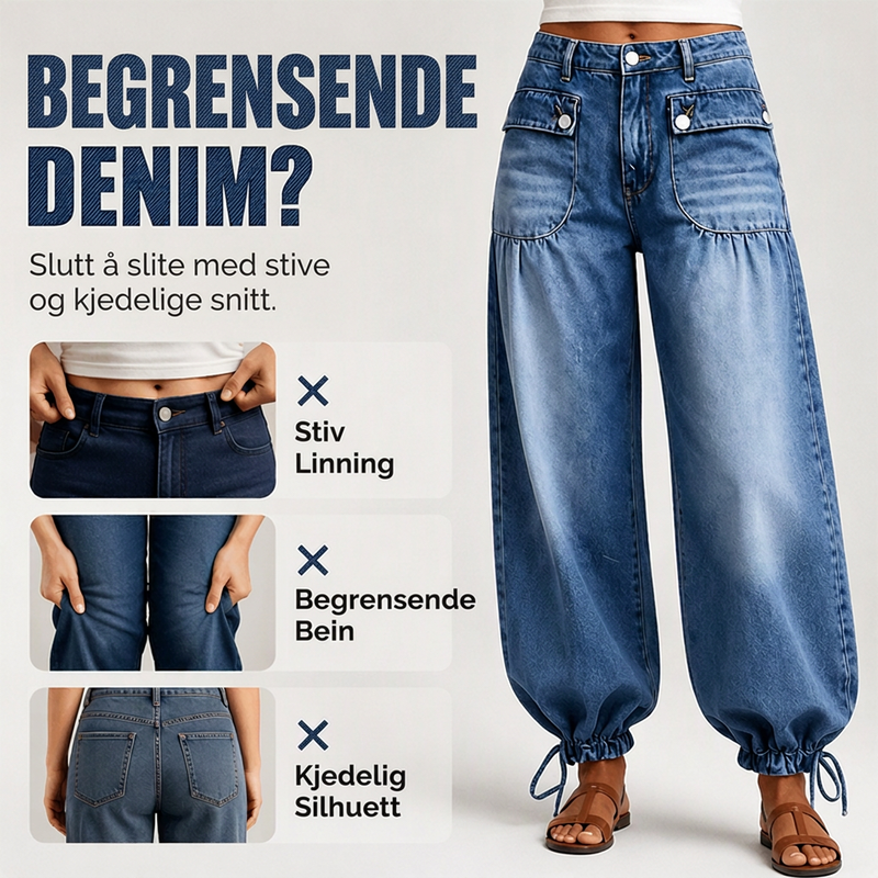 Jeans med høy midje for kvinner, ballongsnitt med snøring i beinenden-2