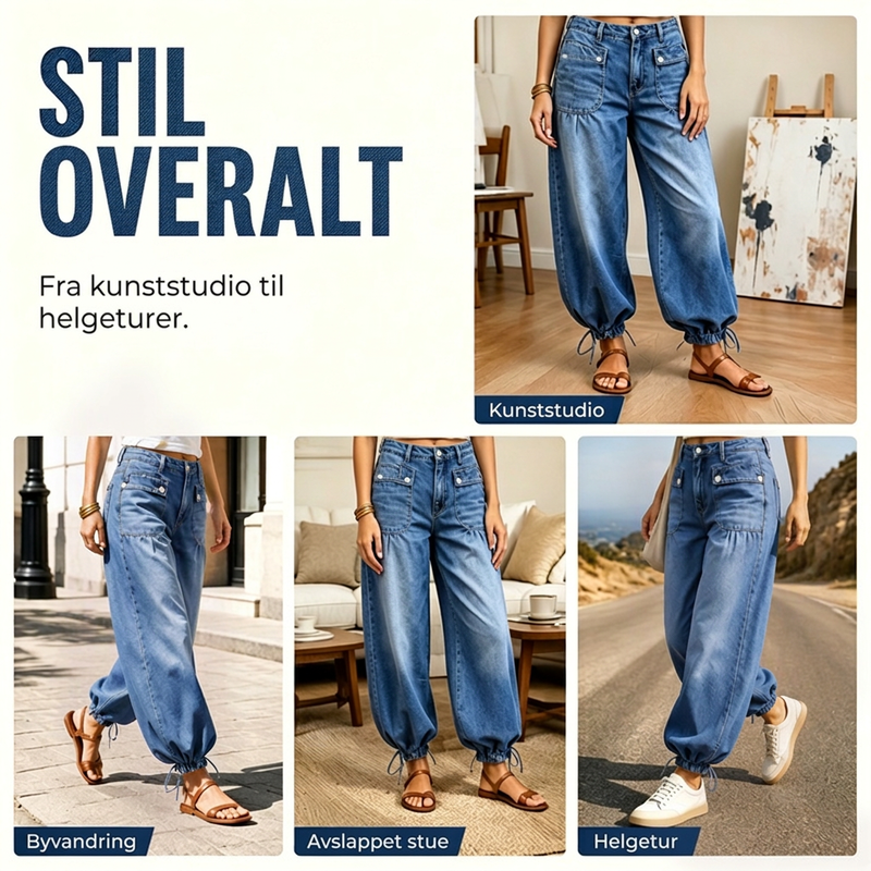 Jeans med høy midje for kvinner, ballongsnitt med snøring i beinenden-8