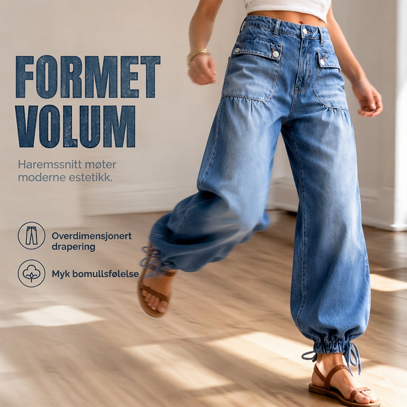 Jeans med høy midje for kvinner, ballongsnitt med snøring i beinenden-7